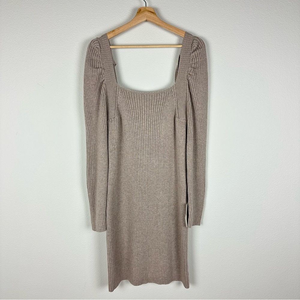 Bohme Lavetta Sweater Taupe Mini Dress Puff Sleeve Tie Back Stretch Ribbed